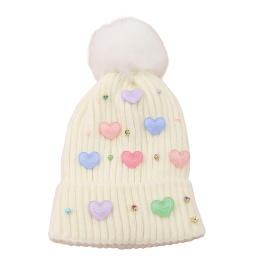 Pom Beanie - Multicolor Hearts