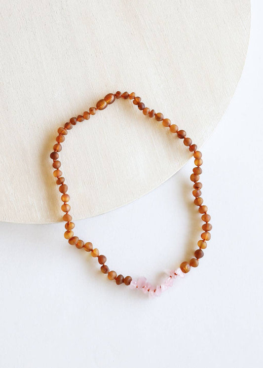 Raw Cognac Baltic Amber + Raw Rose Quartz || Beaded Necklace