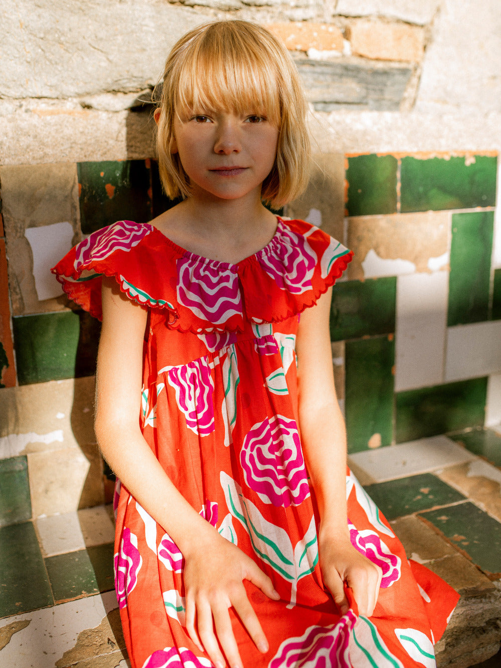 Flutter Sleeve Woven Dress Flamenco Carnation
