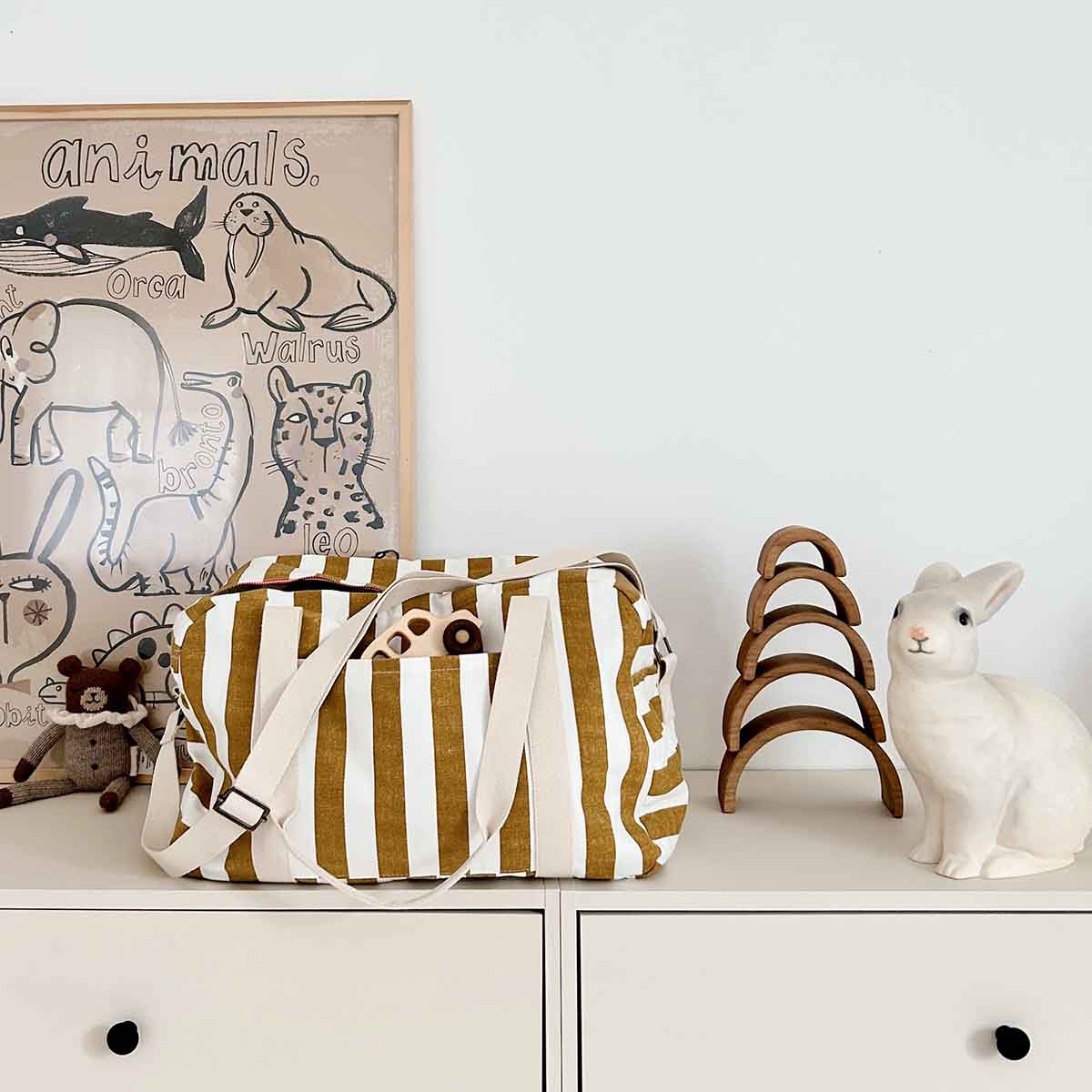 RAPHAEL DIAPER BAG - WEEKEND BAG STRIPES CARAMEL - ECRU