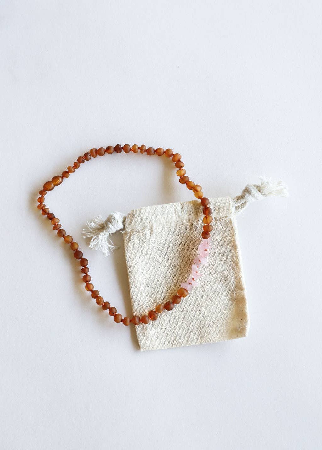 Raw Cognac Baltic Amber + Raw Rose Quartz || Beaded Necklace