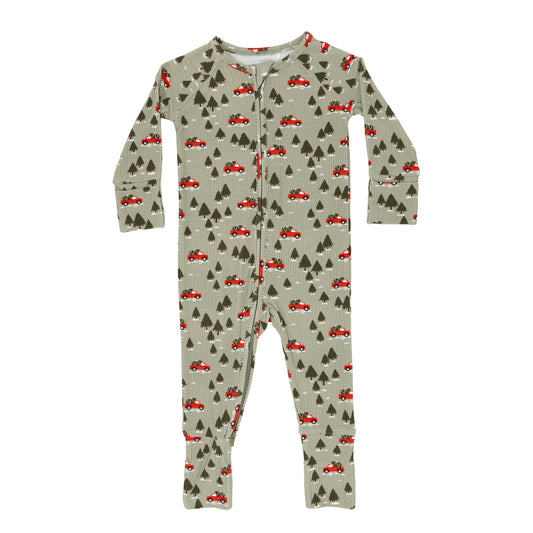 Red Christmas Trucks Small Ribbed Zip Romper