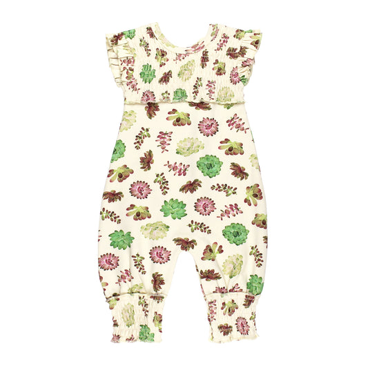 Organic Cross-Back Smocked Romper Buttercream Succulents