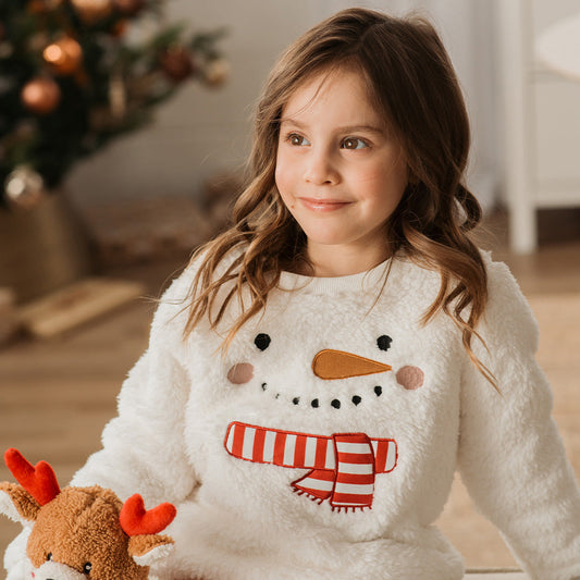 Snowman Embroidery on Off-White Sherpa Sweatshirt