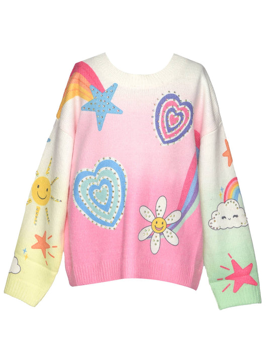 Icon Print Sweater W/ Rhinestone Detail