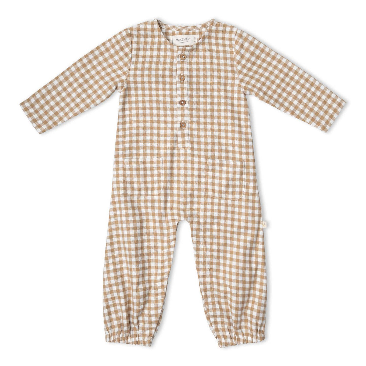 Organic Long Sleeve Button Romper - Oat Gingham