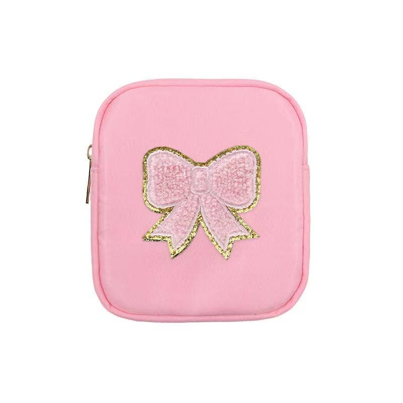 Varsity Collection Nylon Cosmetic Bag Pink Bow Chenille
