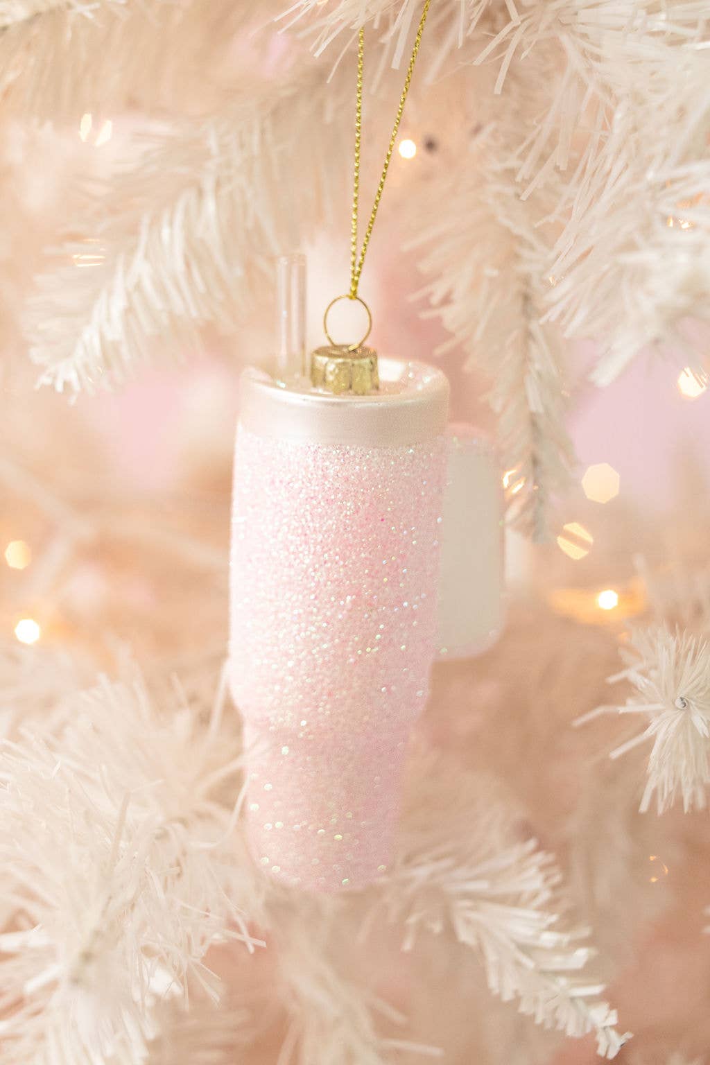 Pink Glittered Trendy Tumbler Christmas Ornament