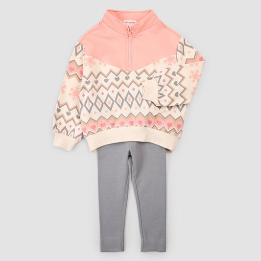 Pink Fairisle Half Zip Up Sweatshirt Legging Set
