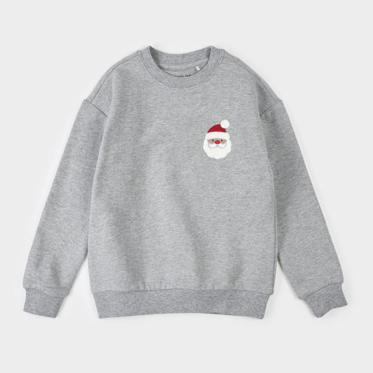 Santa Claus Embroidery on Heather Grey Fleece Sweatshirt