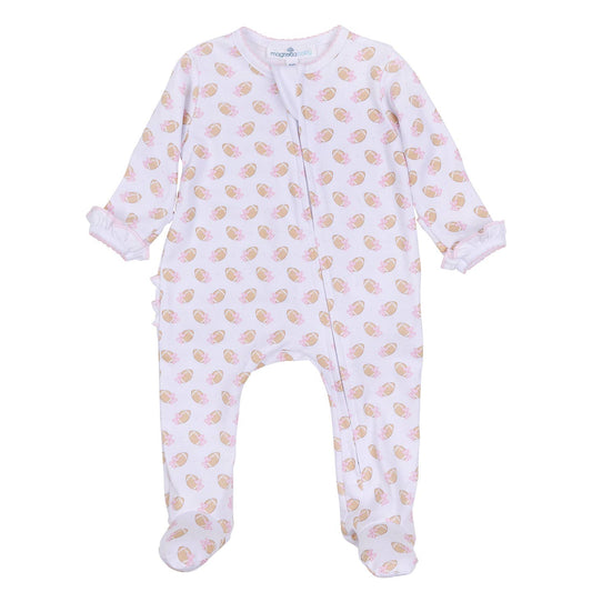 Touchdown Cutie Printed Ruffle Zipper Footie Pink