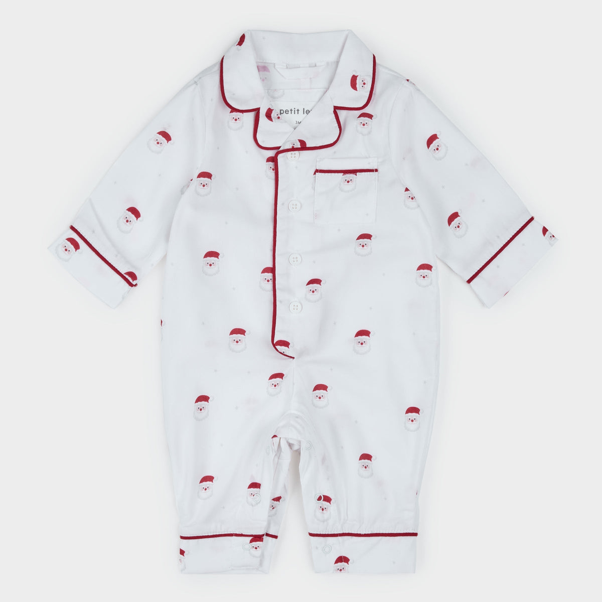 Smiling Santa Print on Off-White Poplin Sleep Suit