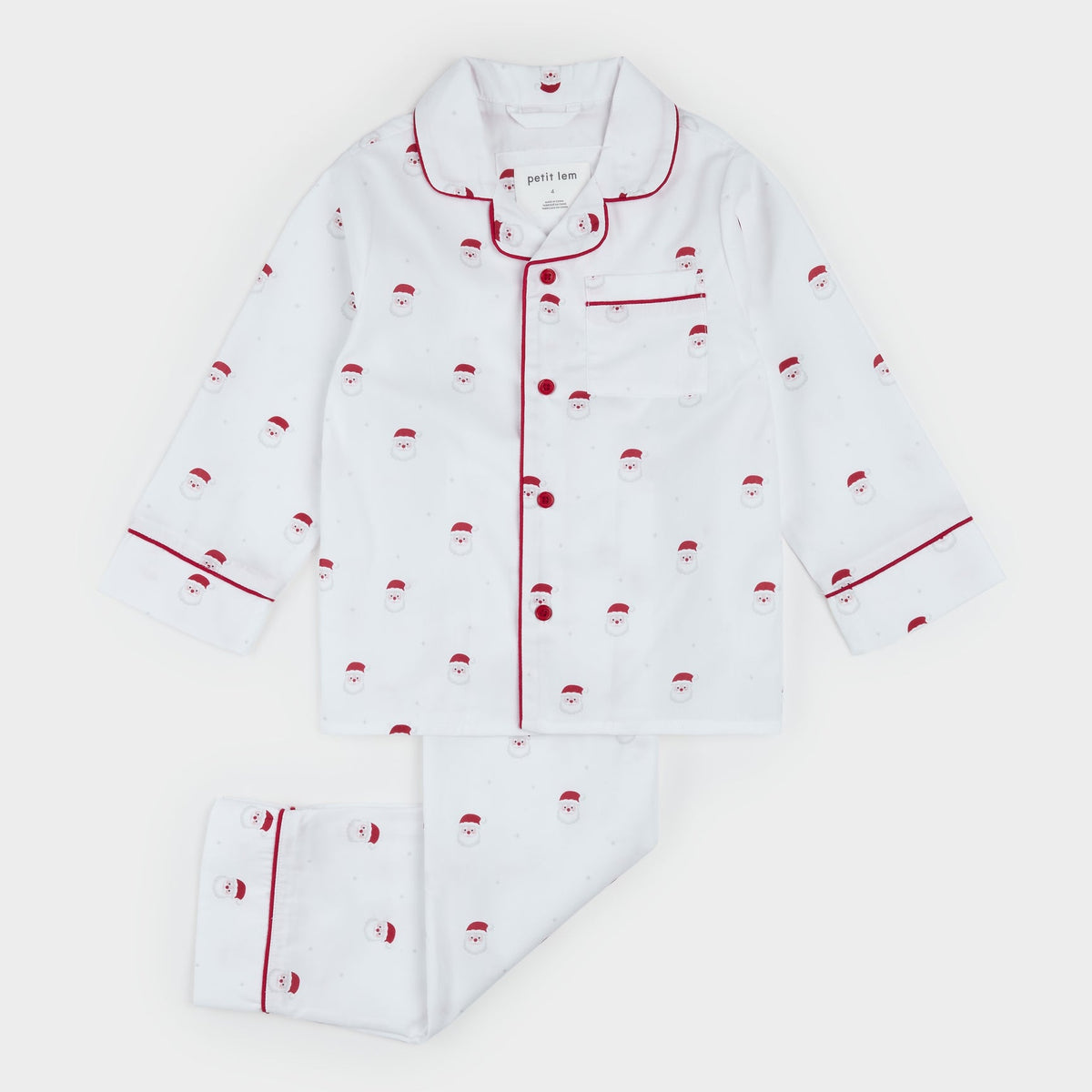Smiling Santa Print on Off-White Poplin PJ Set