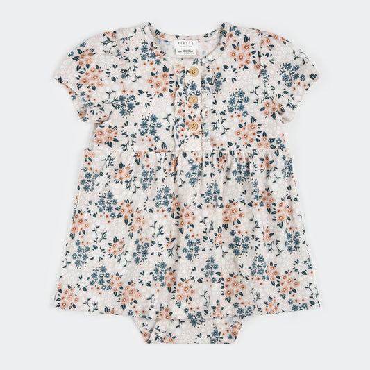 Spring Flowers Print on Creme Bodysuit Dress