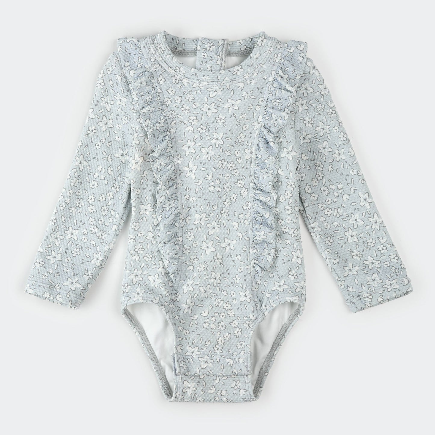 Vintage Flowers Print on Powder Blue Long-Sleeve One-Piece Swimsuit