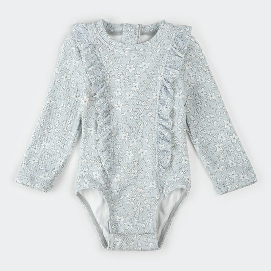Vintage Flowers Print on Powder Blue Long-Sleeve One-Piece Swimsuit