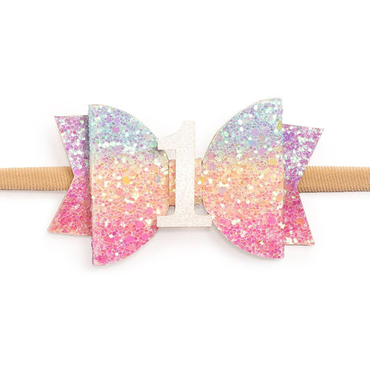 1st Birthday Pastel Rainbow Bow Baby Headband - Hair Bows