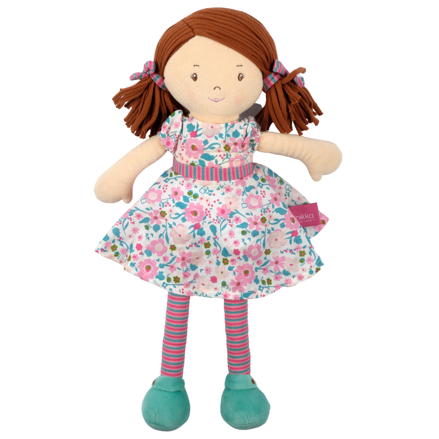 Katy  Dark Brown Hair with Pink and Sea Green Dress