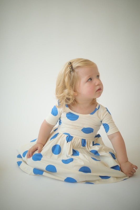 Short Sleeve Twirl Dress in Blue Dots