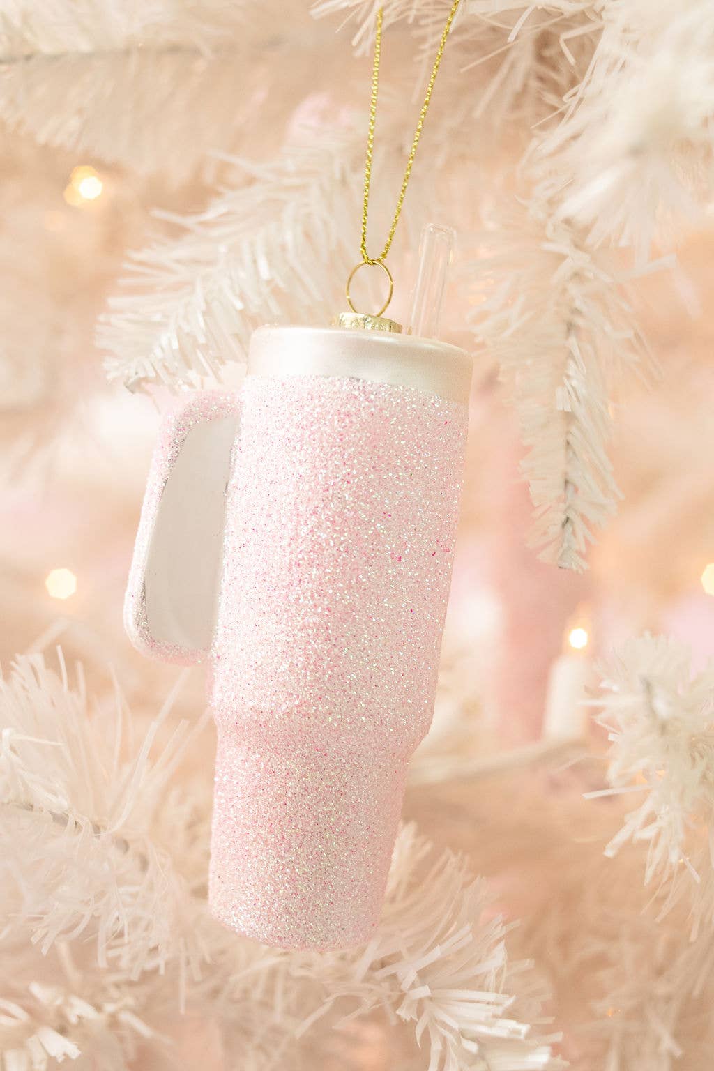 Pink Glittered Trendy Tumbler Christmas Ornament