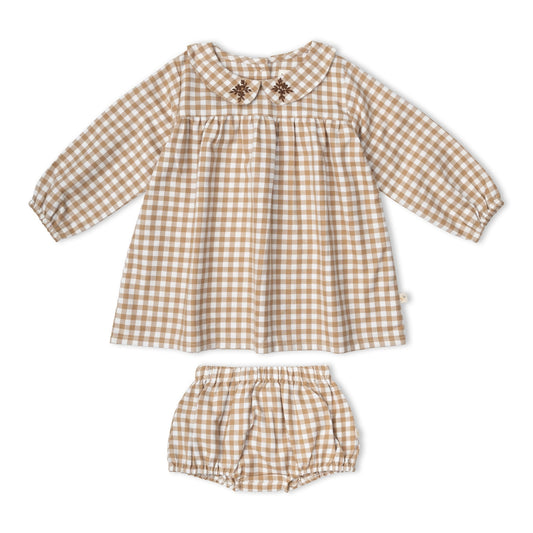 Organic Peter Pan Collar Dress - Oat Gingham
