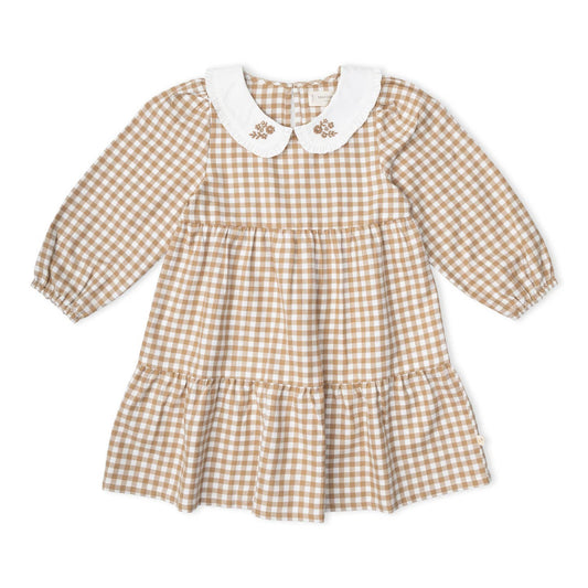 Organic Collar Tiered Dress - Oat Gingham