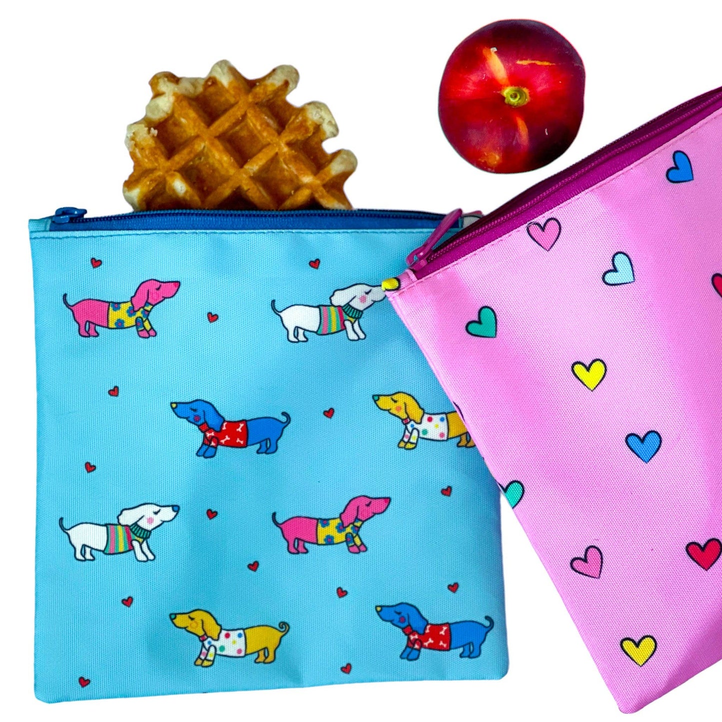 Reusable Snack and Sandwich Baggies  Set of 2, Hearts & Dogs