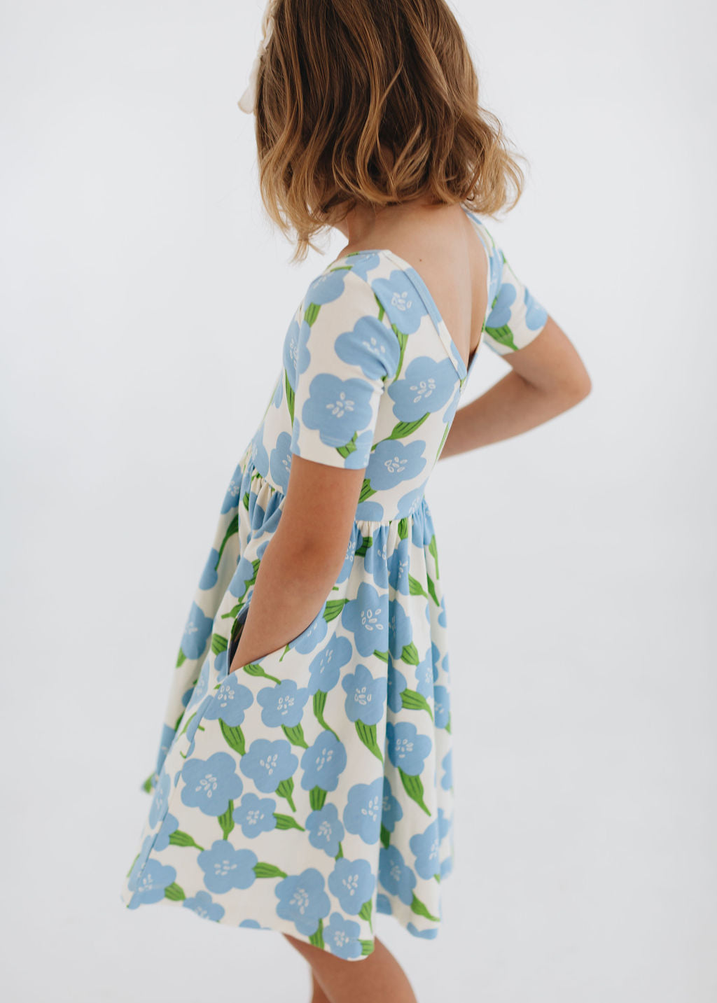 Short Sleeve Twirl Dress in Blue Garden