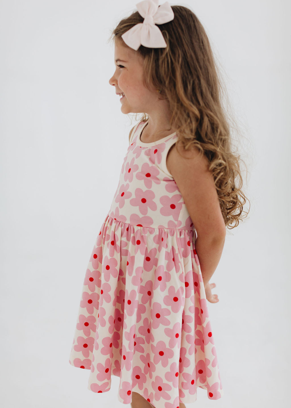 Sleeveless Twirl Dress in Pink Daisies
