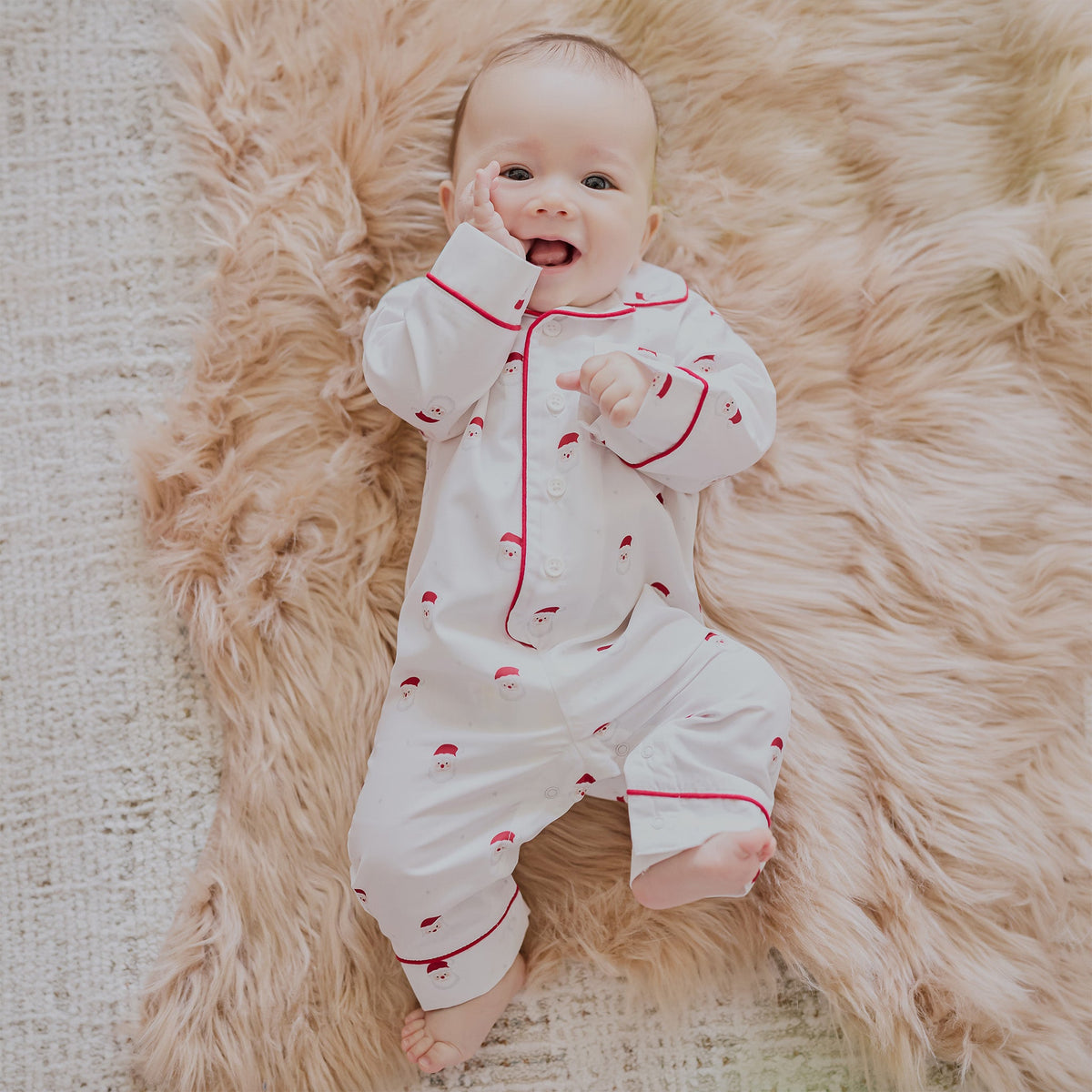 Smiling Santa Print on Off-White Poplin Sleep Suit