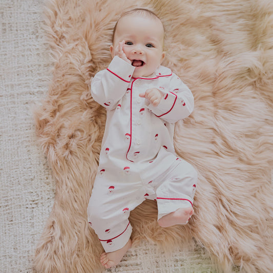 Smiling Santa Print on Off-White Poplin Sleep Suit