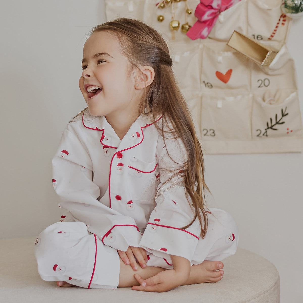 Smiling Santa Print on Off-White Poplin PJ Set