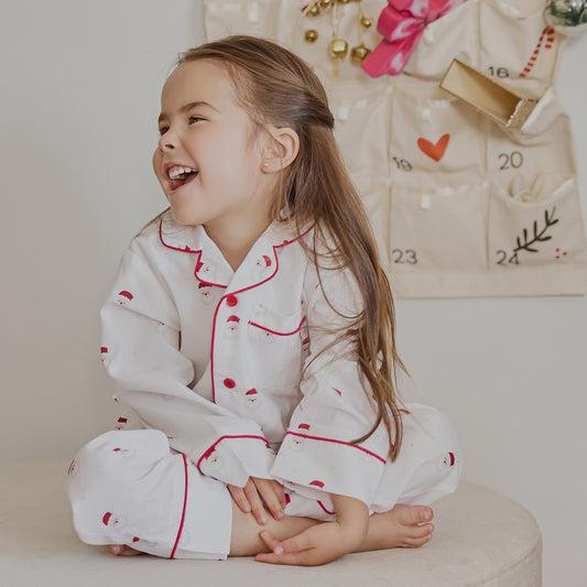 Smiling Santa Print on Off-White Poplin PJ Set