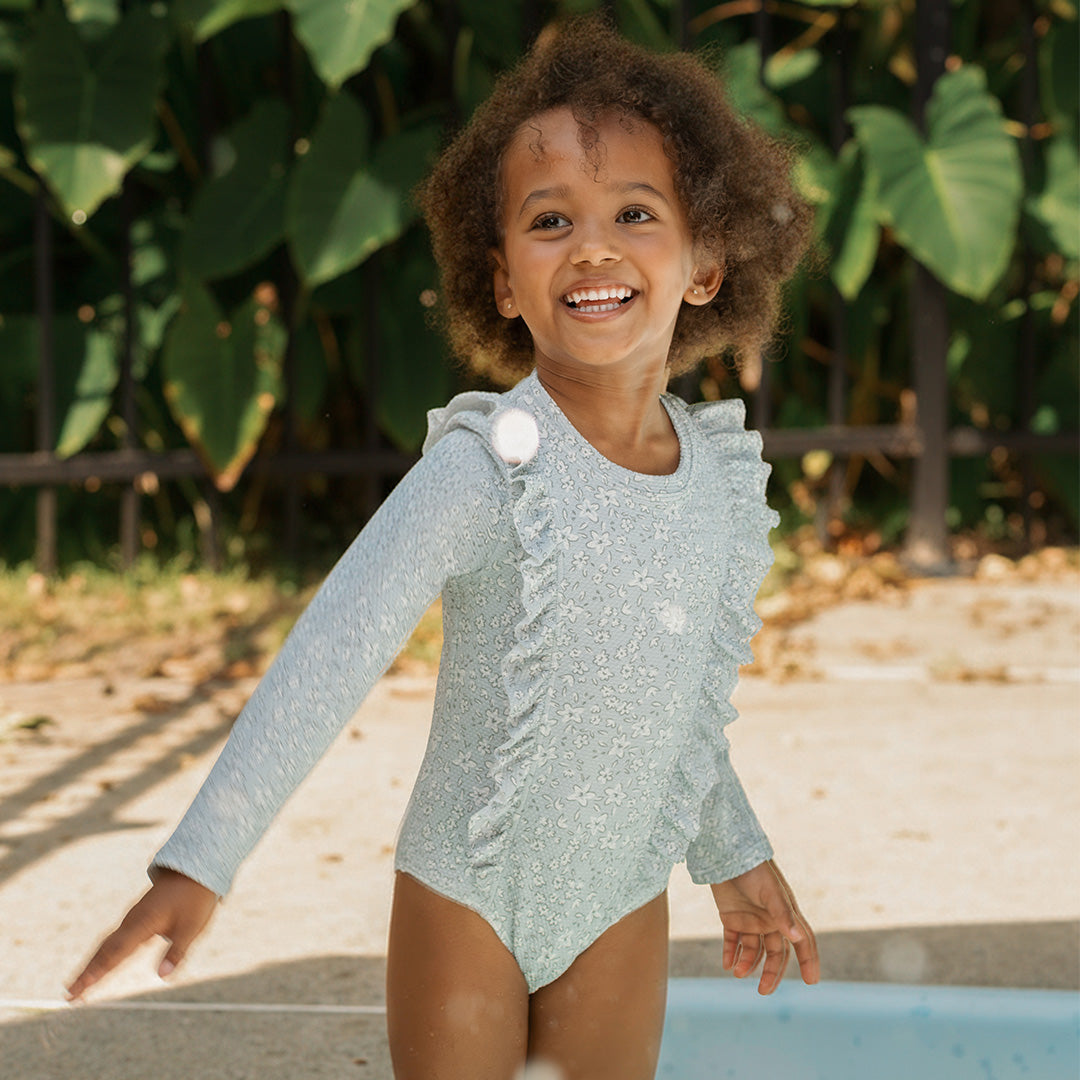 Vintage Flowers Print on Powder Blue Long-Sleeve One-Piece Swimsuit