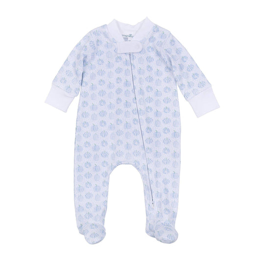 Precious Pumpkins Print Zip Footie Blue