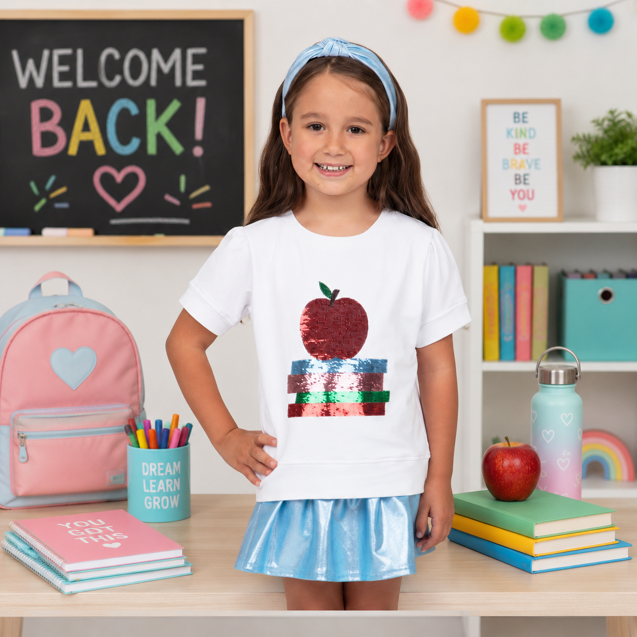 Sequin Apple White Short Sleeve