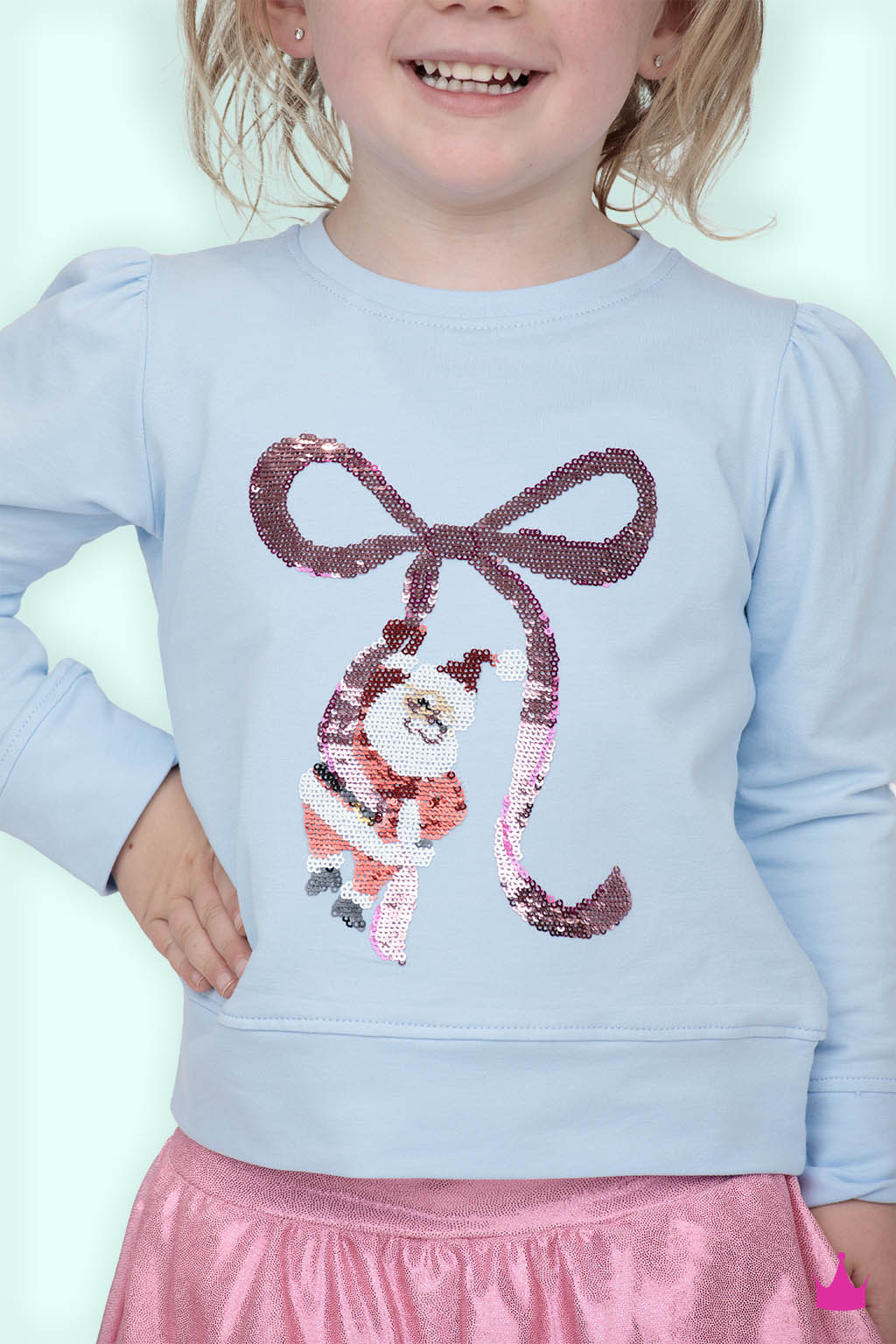 Sequin Santa Bow Light Blue Holly