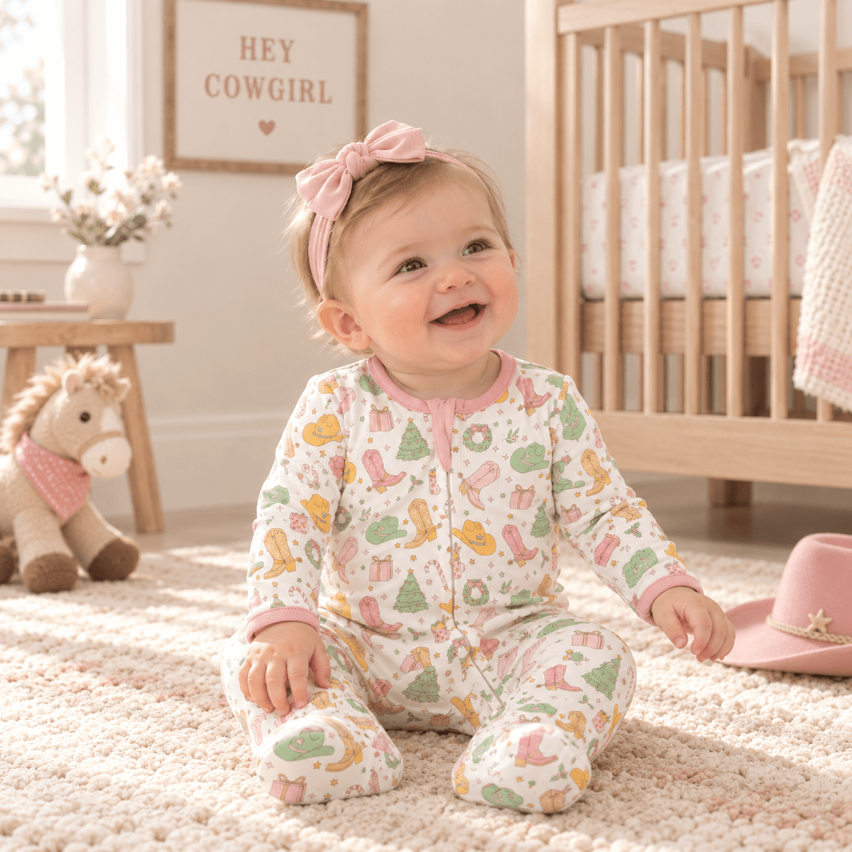 Cowboy Christmas Zip Footie - Dusty Rose